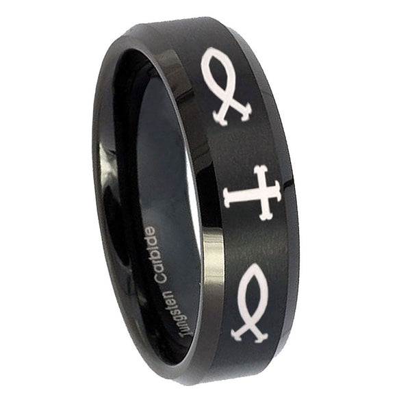 8mm-Fish-&-Cross-Beveled-Edges-Brush-Black-Tungsten-Wedding-Engagement-Ring