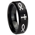10mm Fish & Cross Beveled Edges Brush Black Tungsten Wedding Engraving Ring