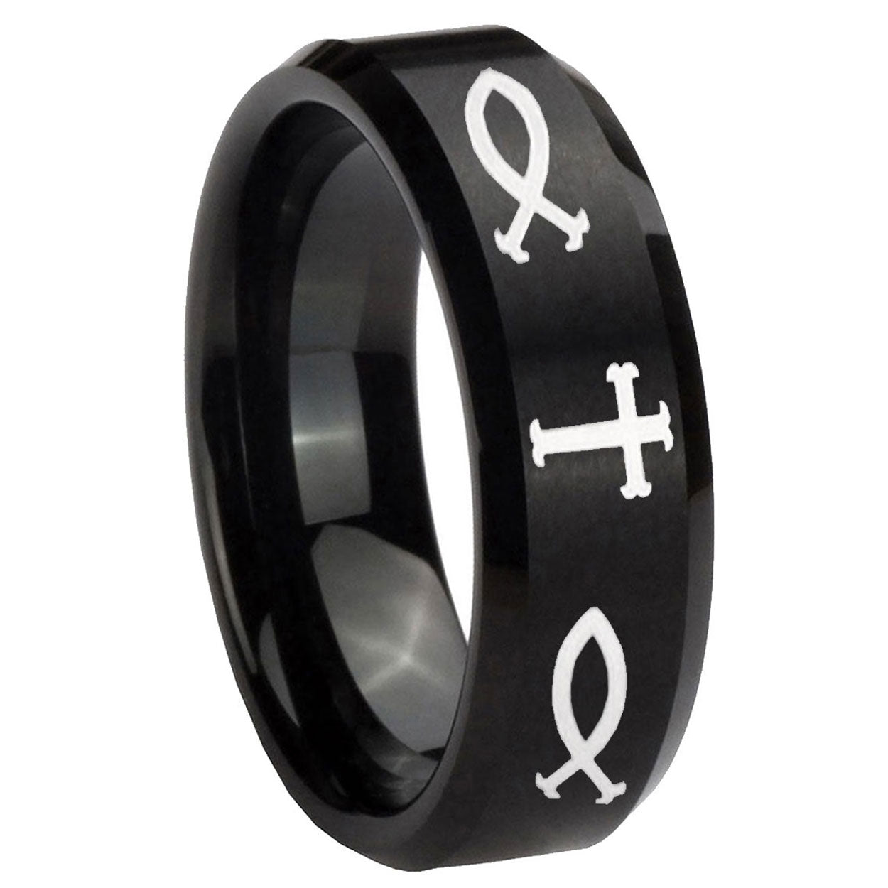 10mm Fish & Cross Beveled Edges Brush Black Tungsten Wedding Engraving Ring