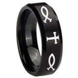 8mm Fish & Cross Beveled Edges Brush Black Tungsten Wedding Engagement Ring