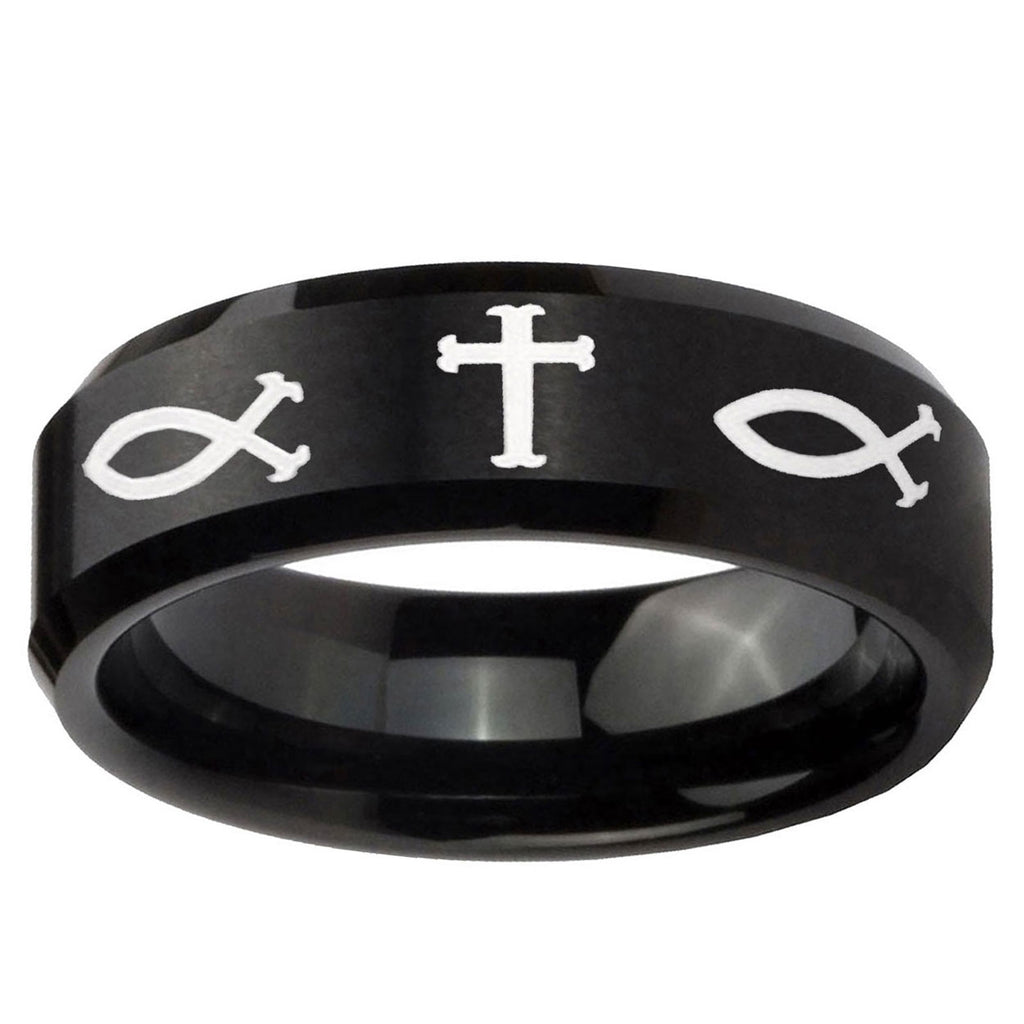 10mm Fish & Cross Beveled Edge Brush Black Tungsten Wedding Engraving Ring