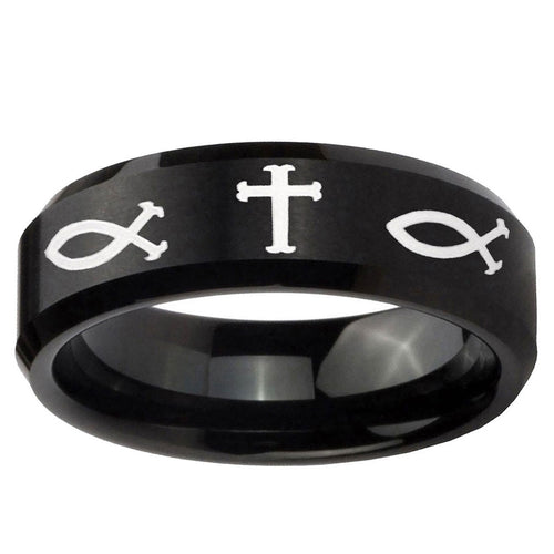 10mm Fish & Cross Beveled Edge Brush Black Tungsten Wedding Engraving Ring