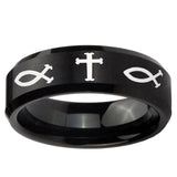 5, 8mm Fish & Cross Beveled Edge Brush Black Tungsten Ring