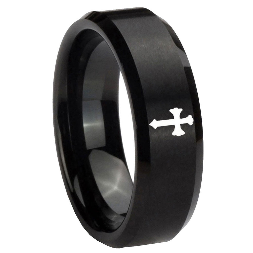 8MM Flat Christian Cross Beveled Brushed Black Tungsten Rings