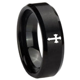 10mm Flat Christian Cross Beveled Edges Brush Black Tungsten Anniversary Ring
