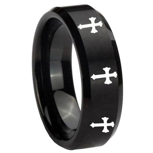 10mm Multiple Christian Cross Beveled Brush Black Tungsten Wedding Bands Ring