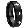 8MM Multiple Christian Cross Beveled Brushed Black Tungsten Mens Ring