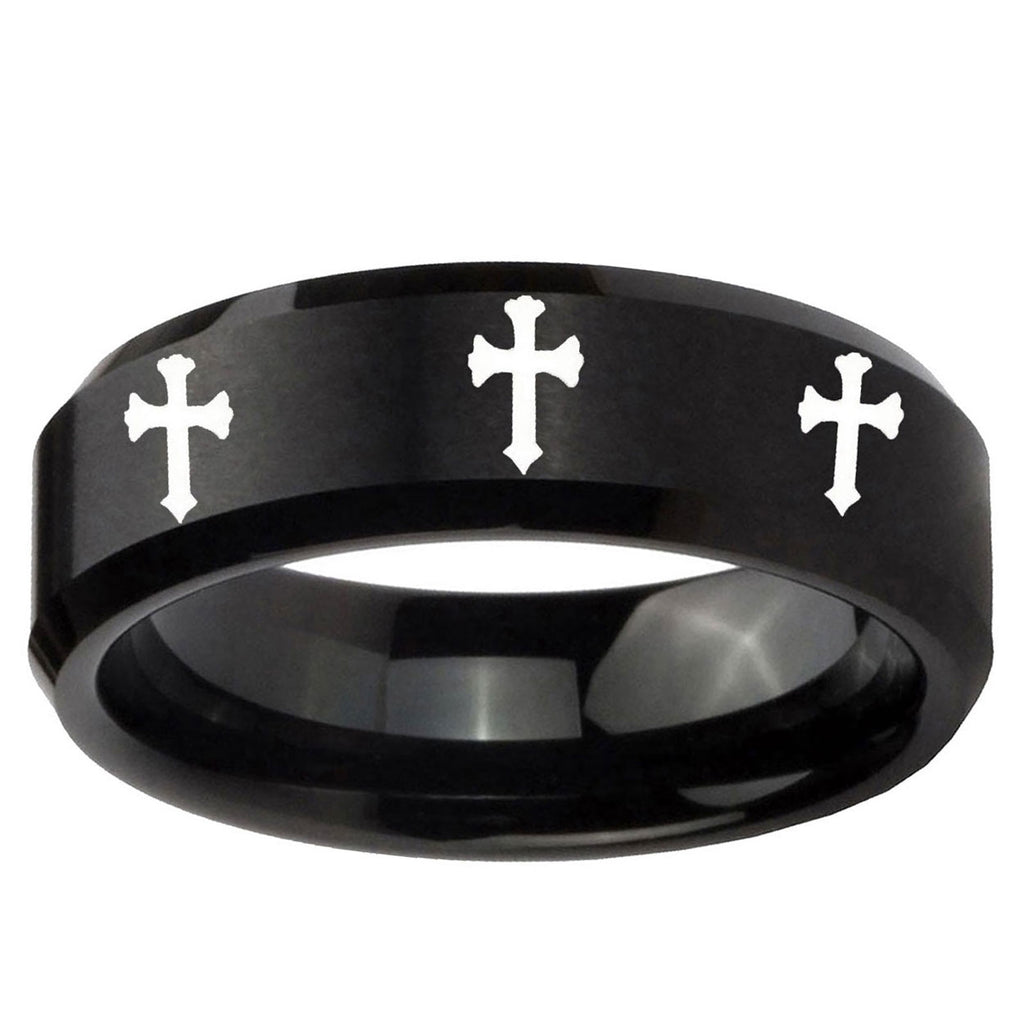 10mm Multiple Christian Cross Beveled Brush Black Tungsten Wedding Bands Ring