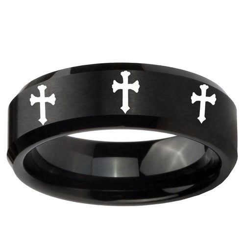 10mm Multiple Christian Cross Beveled Brush Black Tungsten Wedding Bands Ring