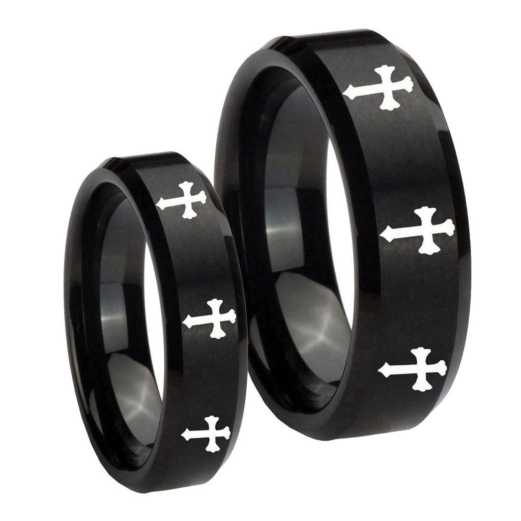 Multiple Christian Cross Beveled Brush Black Tungsten Mens Ring Set