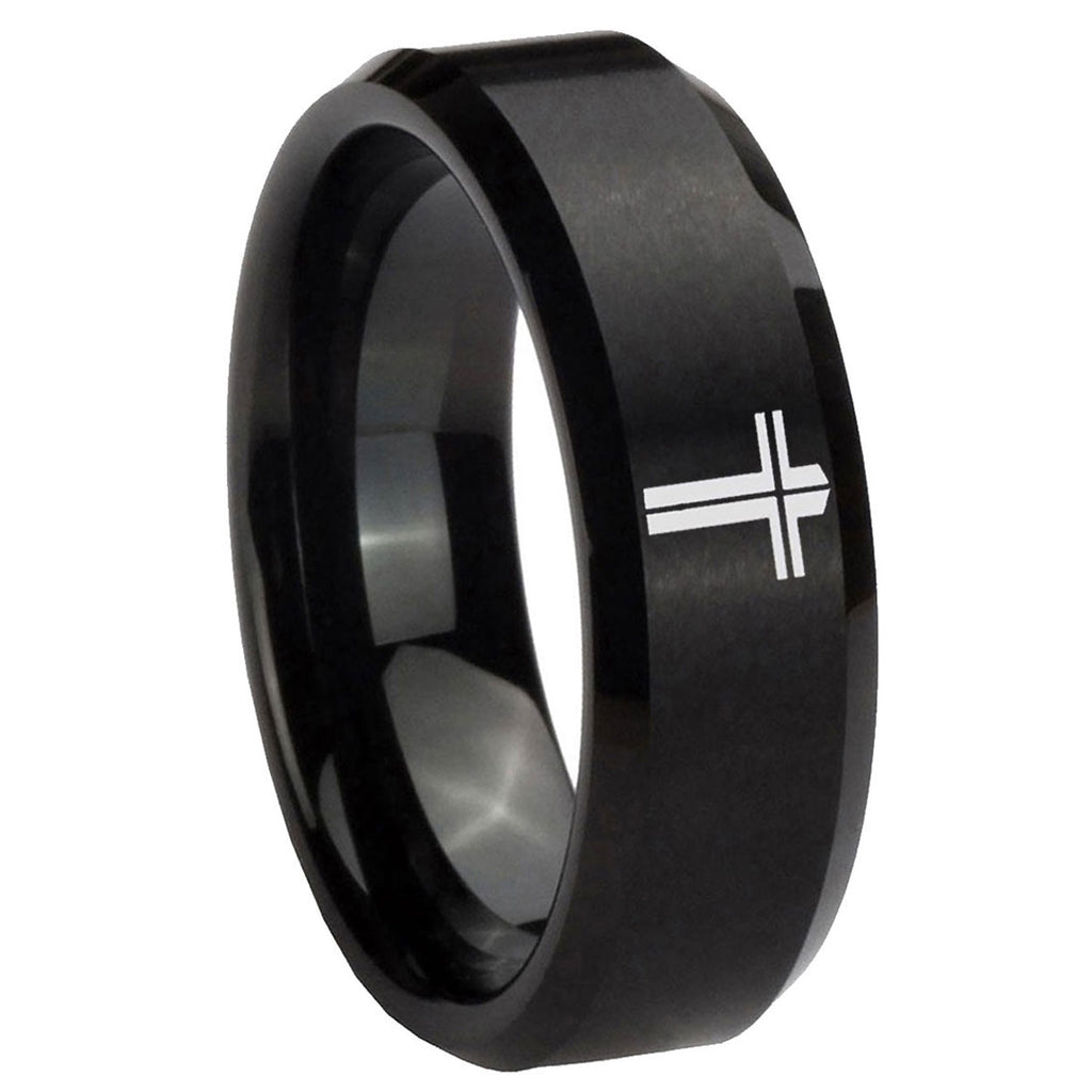10mm Flat Christian Cross Beveled Brush Black Tungsten Wedding Engagement Ring