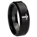 10mm Flat Christian Cross Beveled Brush Black Tungsten Wedding Engagement Ring