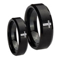 Flat Christian Cross Beveled Brush Black Tungsten Mens Ring Set
