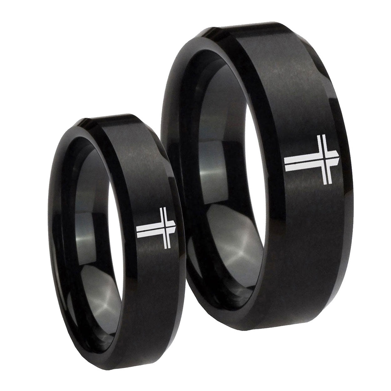Flat Christian Cross Beveled Brush Black Tungsten Mens Ring Set