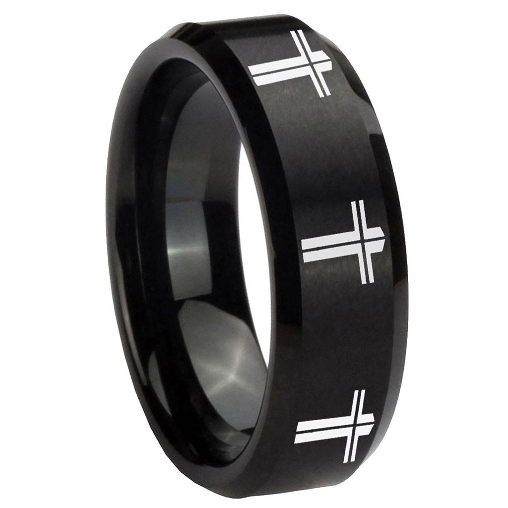 8MM Multiple Christian Cross Beveled Brushed Black Tungsten Ring Men