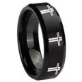 8MM Multiple Christian Cross Beveled Brushed Black Tungsten Ring Men