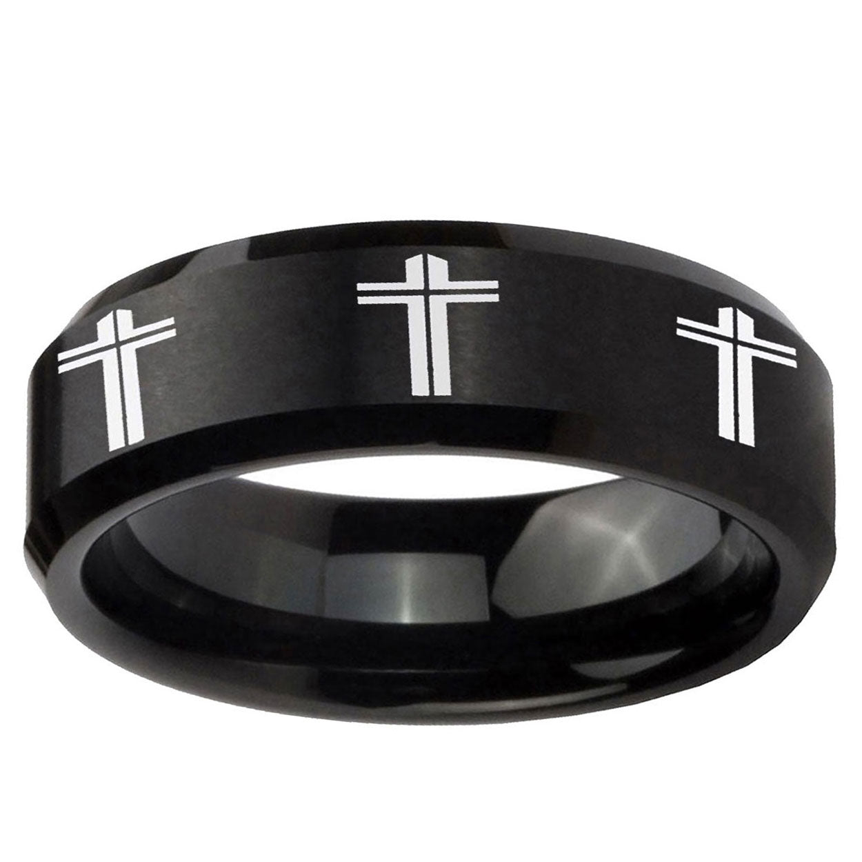 5MM Multiple Christian Cross Beveled Brushed Black Tungsten Ring Men