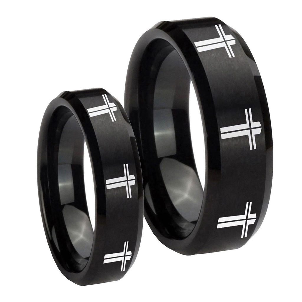 Multiple Christian Cross Beveled Brush Black Tungsten Wedding Ring Sets