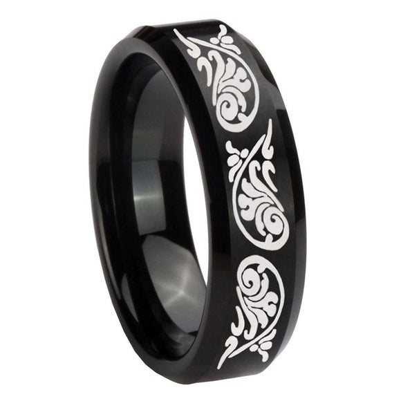 8mm-Etched-Tribal-Pattern-Beveled-Brush-Black-Tungsten-Wedding-Engraving-Ring