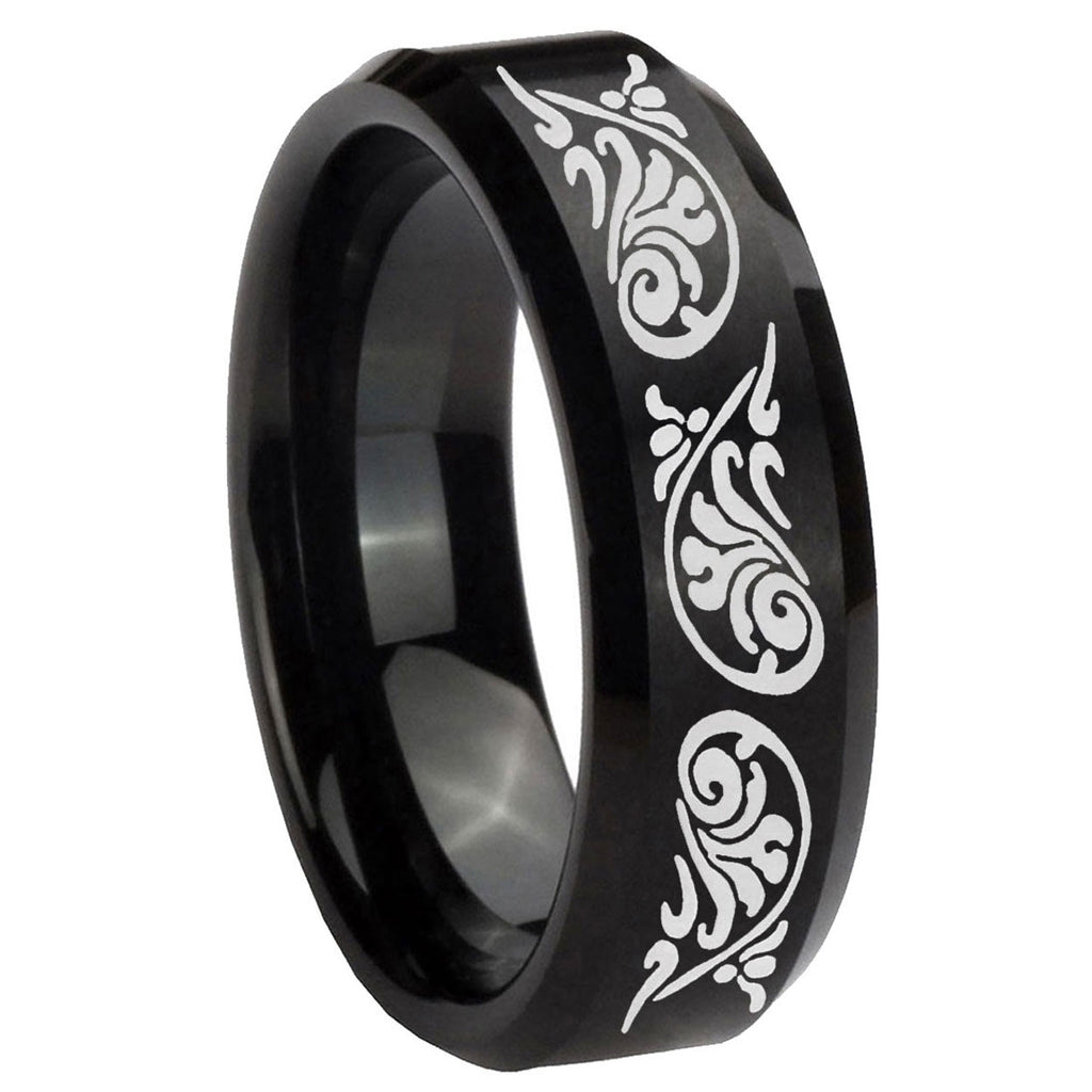 10mm Etched Tribal Pattern Beveled Edges Brush Black Tungsten Anniversary Ring