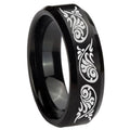 10mm Etched Tribal Pattern Beveled Edges Brush Black Tungsten Anniversary Ring