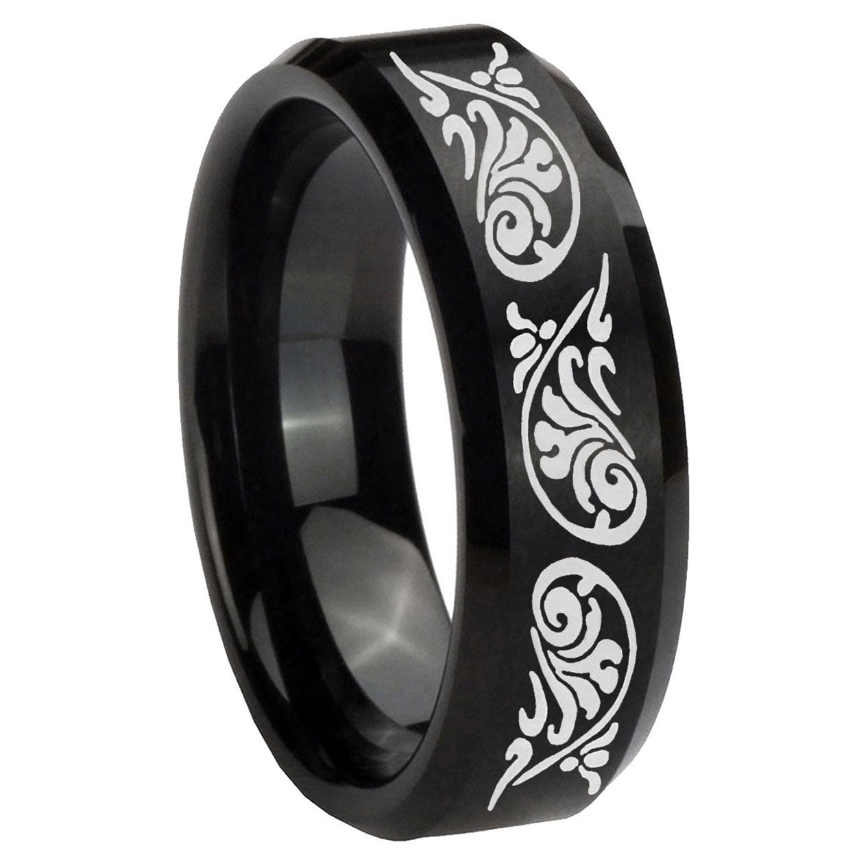 10mm Etched Tribal Pattern Beveled Edges Brush Black Tungsten Anniversary Ring