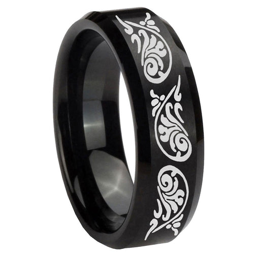 10mm Etched Tribal Pattern Beveled Edges Brush Black Tungsten Anniversary Ring