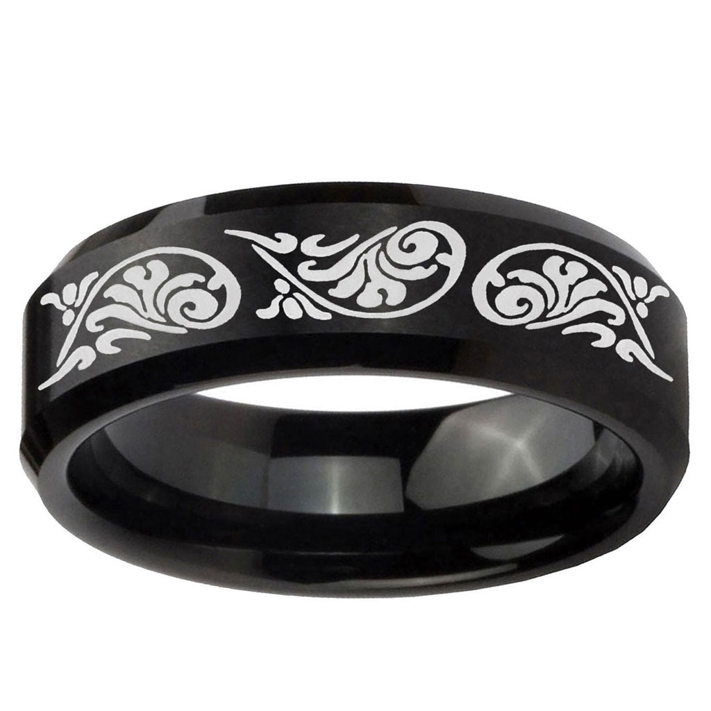10mm Etched Tribal Pattern Beveled Edge Brush Black Tungsten Ring
