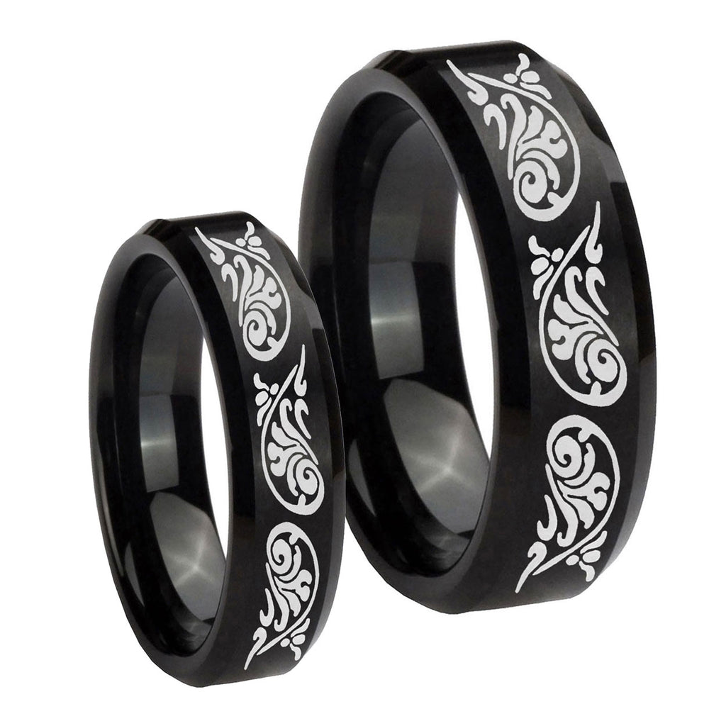 Etched Tribal Pattern Beveled Brush Black Tungsten Bridal Ring Set