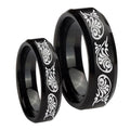 Etched Tribal Pattern Beveled Brush Black Tungsten Bridal Ring Set