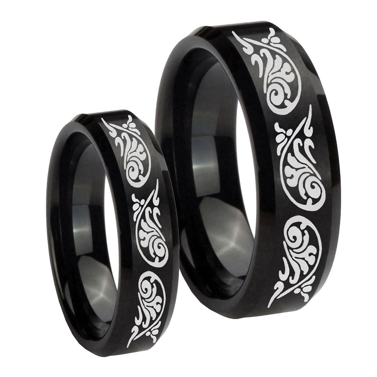Etched Tribal Pattern Beveled Brush Black Tungsten Bridal Ring Set