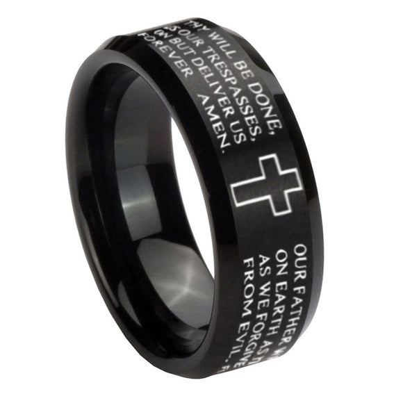 10mm-Bible-Lord's-Prayer-Cross-Beveled-Edges-Brush-Black-Tungsten-Men's-Engagement-Ring