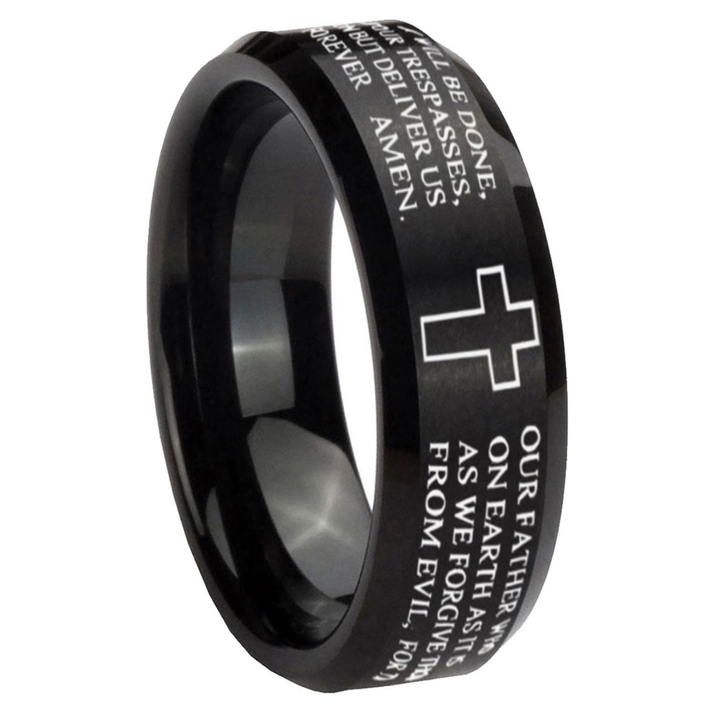 10mm Bible Lord's Prayer Cross Beveled Edges Brush Black Tungsten Men's Engagement Ring