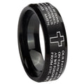 10mm Bible Lord's Prayer Cross Beveled Edges Brush Black Tungsten Men's Engagement Ring