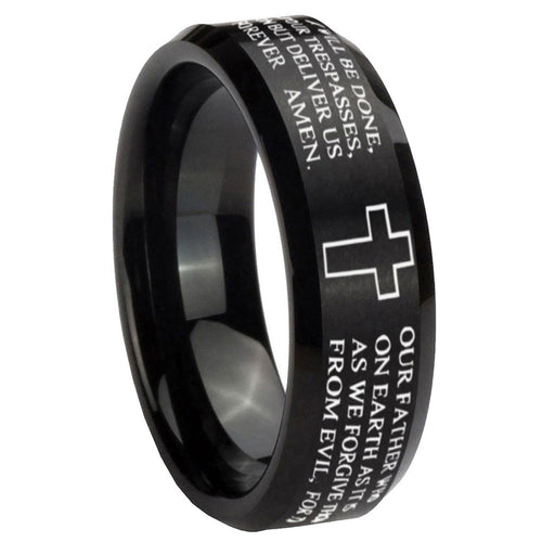 10mm Bible Lord's Prayer Cross Beveled Edges Brush Black Tungsten Men's Engagement Ring