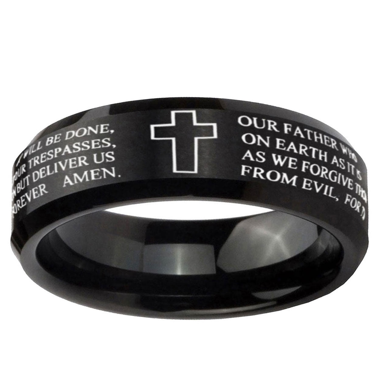 5MM Etched Lord's Prayer Beveled Brushed Black Tungsten Custom Ring