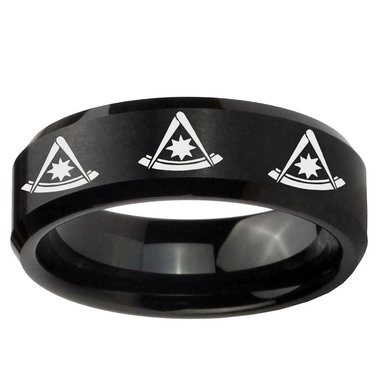 10mm Multiple Pester Master Masonic Beveled Brush Black Tungsten Ring