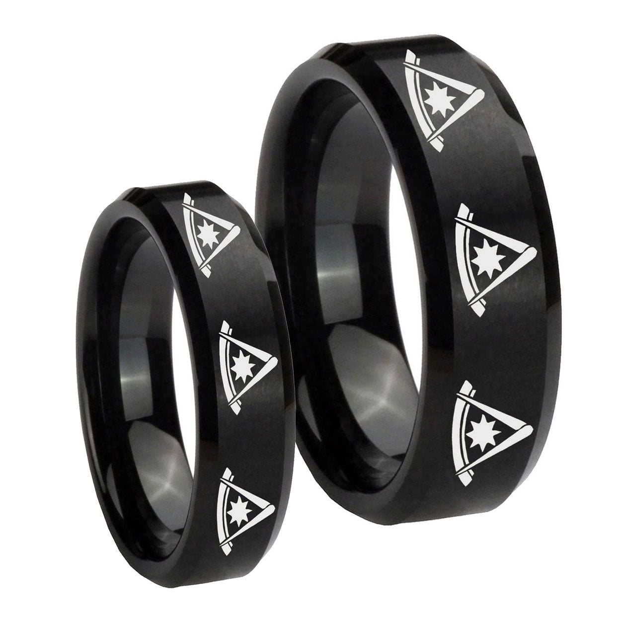 Multiple Pester Master Masonic Beveled Brush Black Tungsten Bridal Set Rings