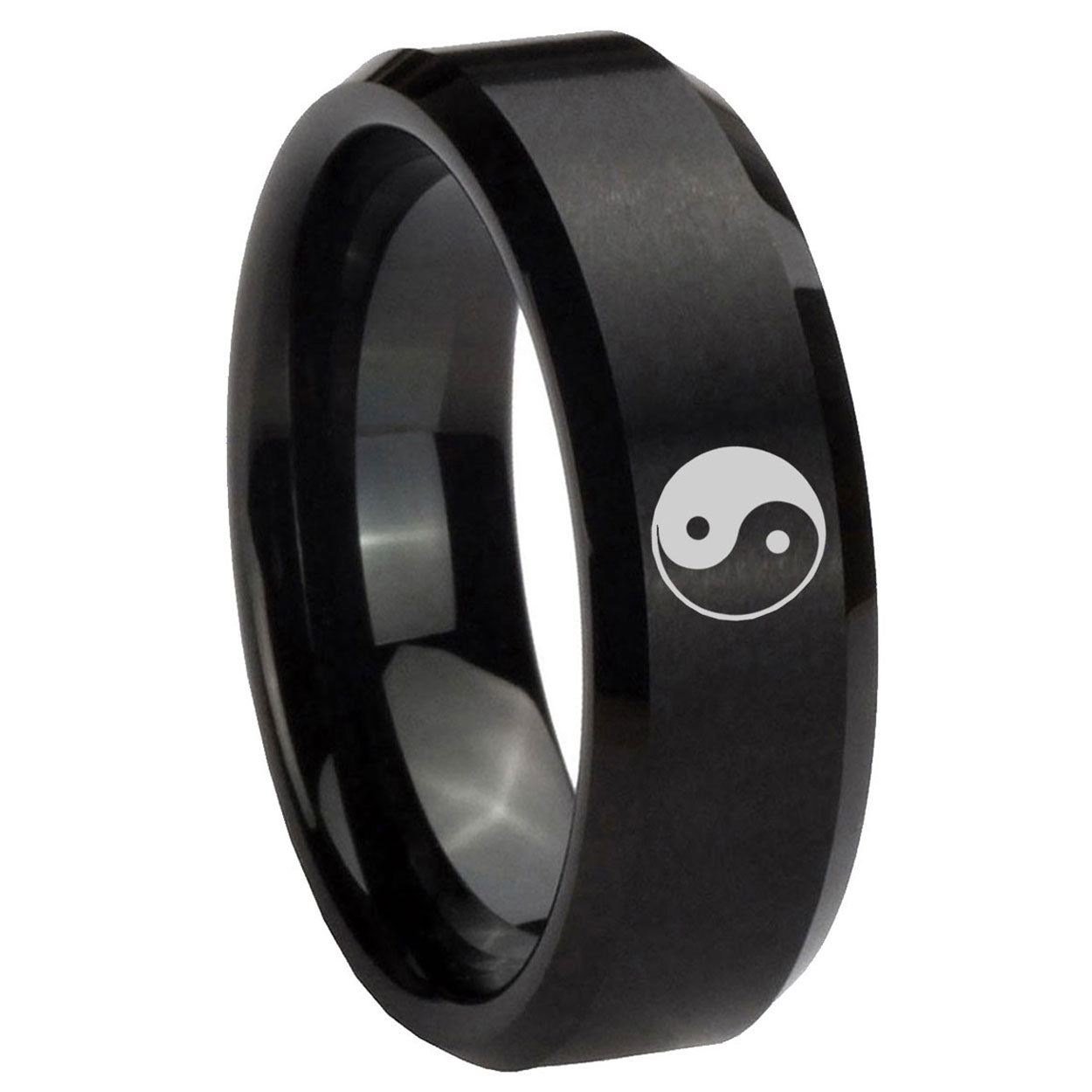 8MM Yin Yang Beveled Brushed Black Tungsten Man Wedding Band