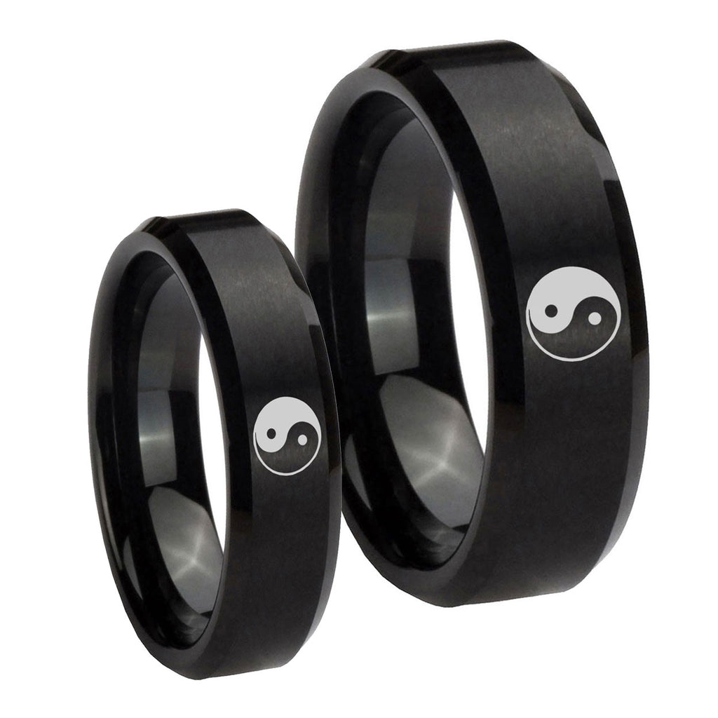 Yin Yang Beveled Edges Brush Black Tungsten Couples Ring Set