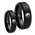 Yin Yang Beveled Edges Brush Black Tungsten Couples Ring Set