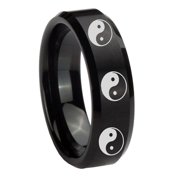 8mm-Multiple-Yin-Yang-Beveled-Edges-Brush-Black-Tungsten-Carbide-Engraved-Ring