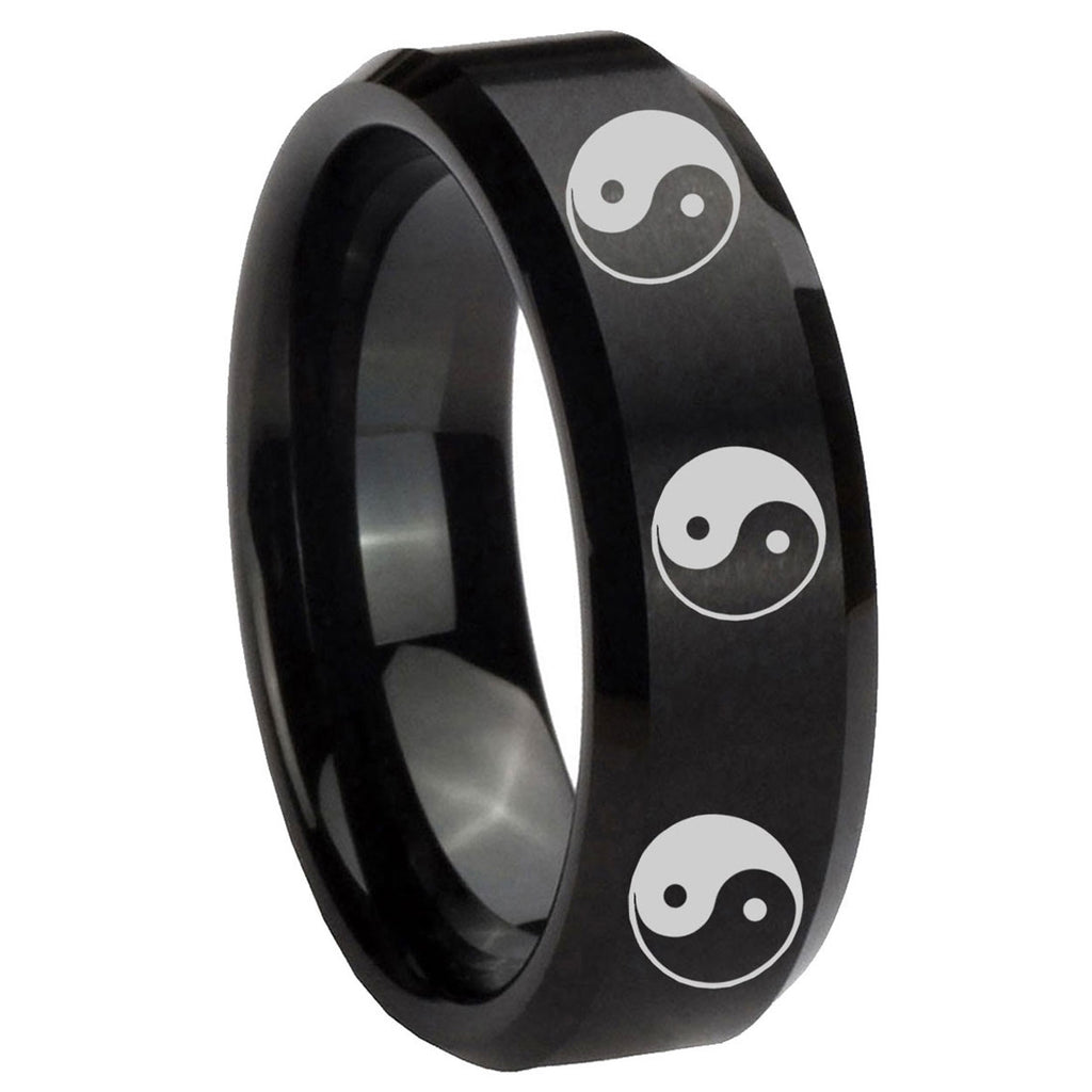10mm Multiple Yin Yang Beveled Edges Brush Black Tungsten Mens Anniversary Ring