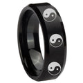 10mm Multiple Yin Yang Beveled Edges Brush Black Tungsten Mens Anniversary Ring