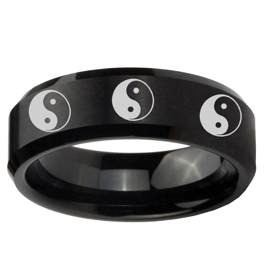 5MM Multiple Yin Yang Beveled Brushed Black Tungsten Ring Men