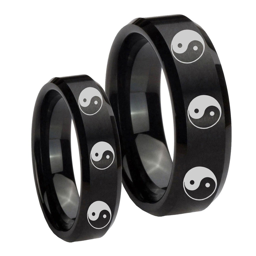 Multiple Yin Yang Beveled Brush Black Tungsten Wedding Ring Set
