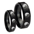 Multiple Yin Yang Beveled Brush Black Tungsten Wedding Ring Set