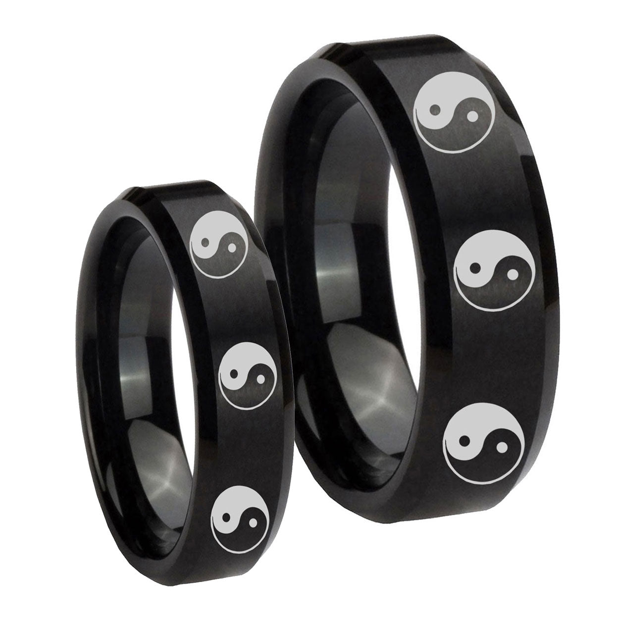Multiple Yin Yang Beveled Brush Black Tungsten Wedding Ring Set