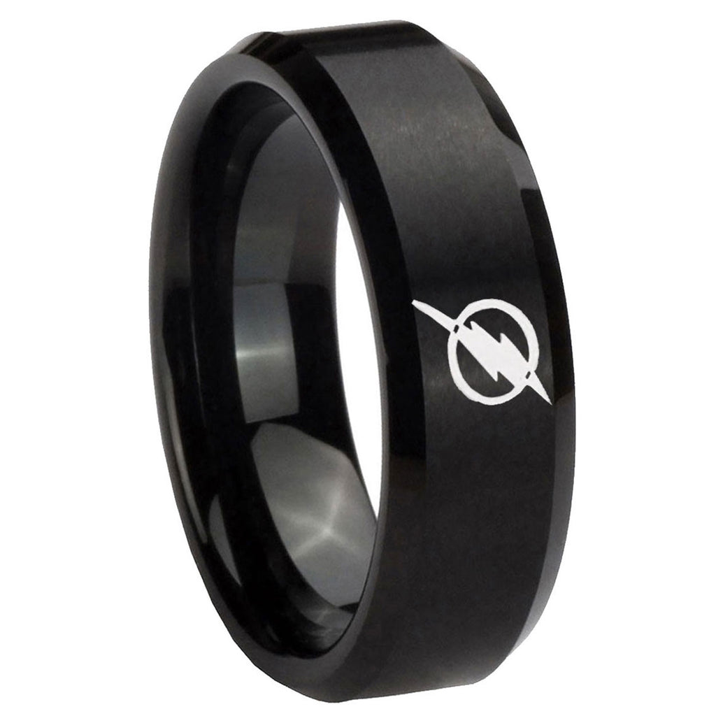 8MM Flash Beveled Brushed Black Tungsten Ring For Men