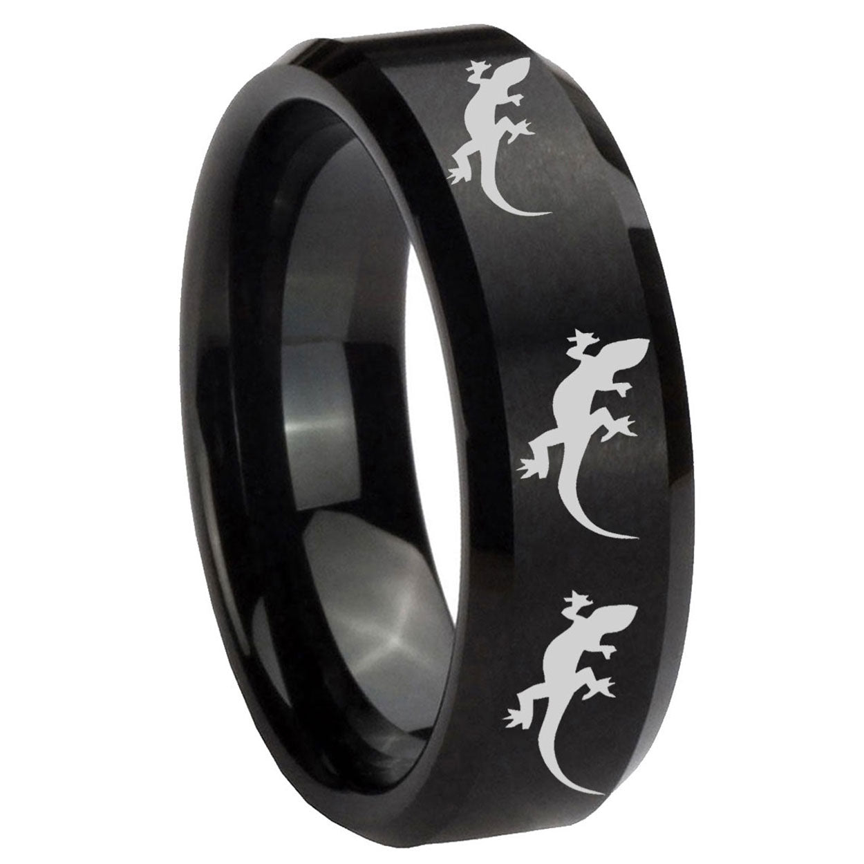 10mm Multiple Lizard Beveled Edges Brush Black Tungsten Carbide Mens Bands Ring